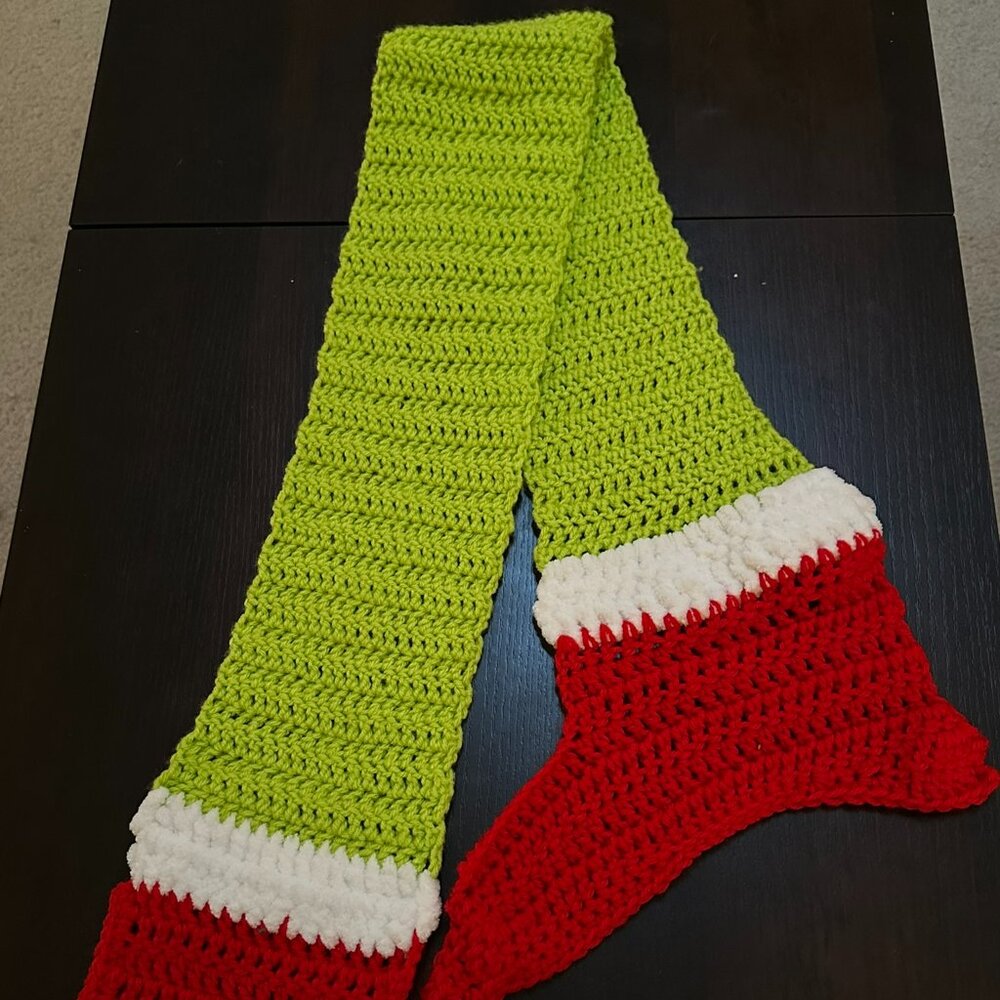 Handcrafted Grouch Scarf, adult length, Green, Red and White